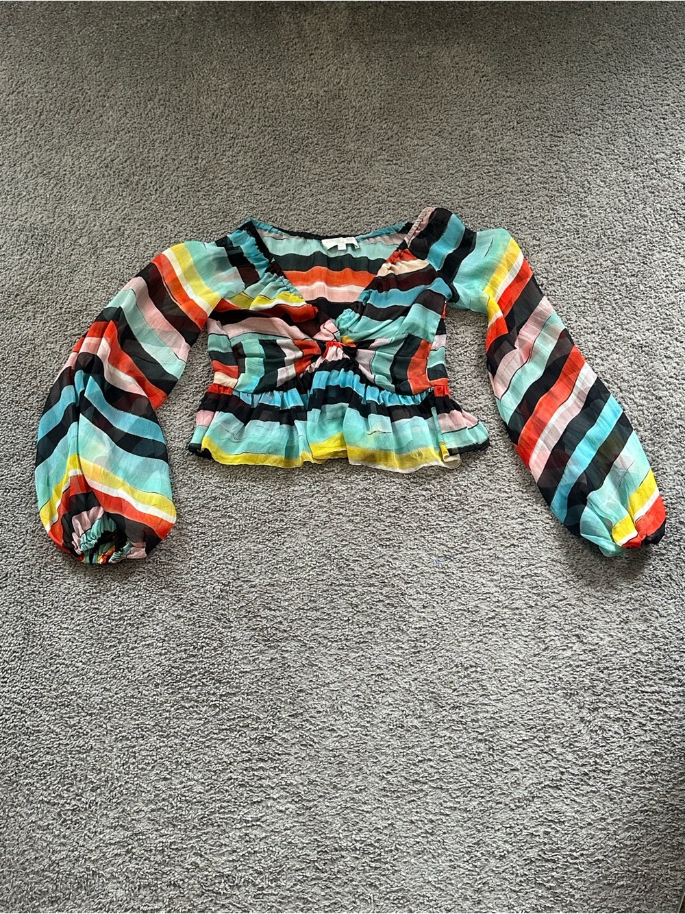 Caroline Constas XS Andros Striped Multicolor Crop Balloon Sleeve Silk Top